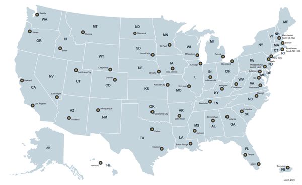 Image of a United States map with dots representing CDI locations